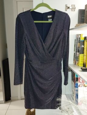 DKNY Navy Sparkle Wrap-Front Long-Sleeve Dress